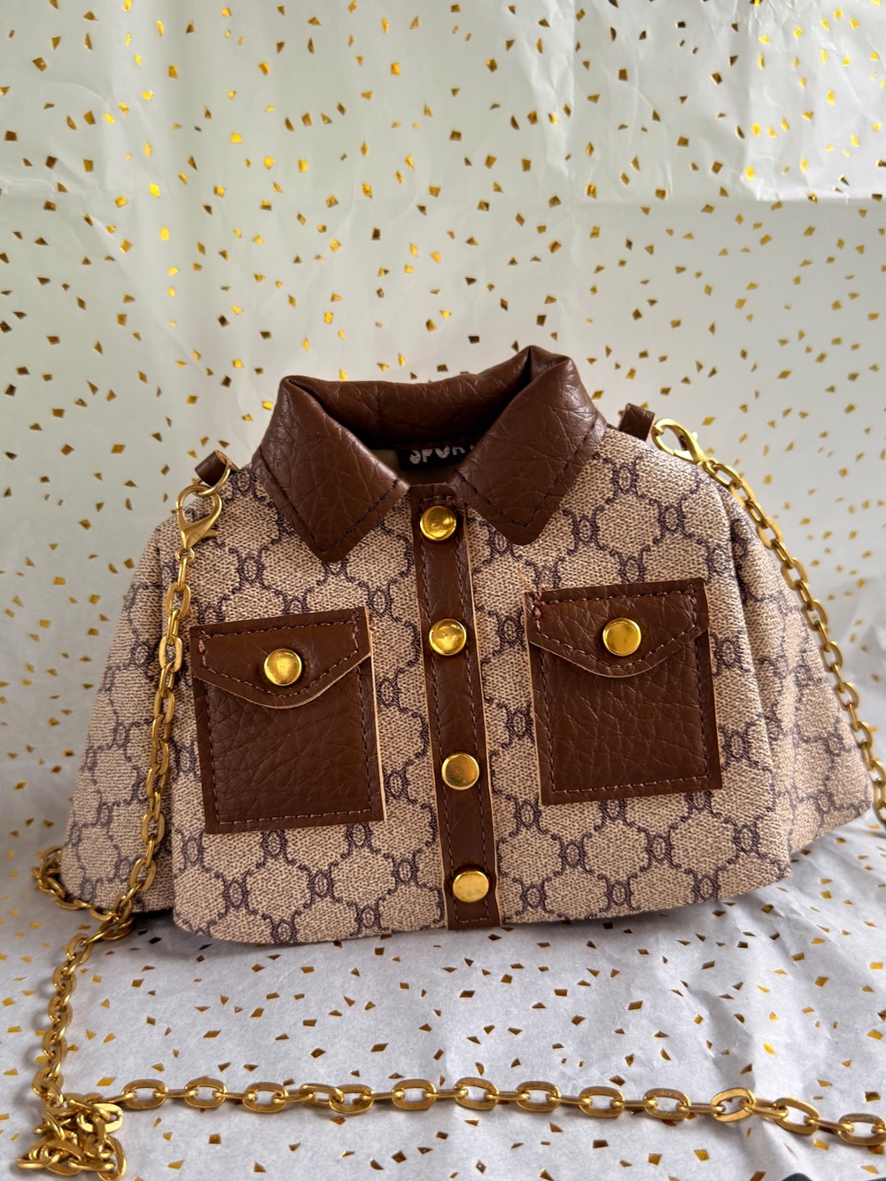 Beige and Brown Quilted-Style Crossbody with Gold Chain